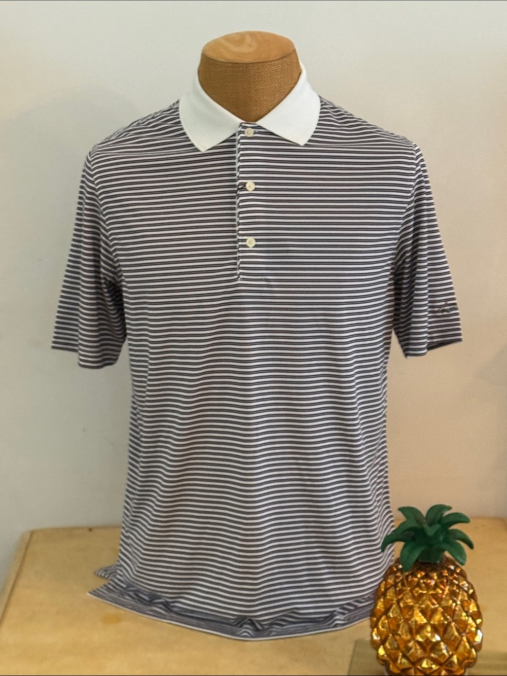 Greg Norman Collection Navy and White Striped Polo with White Collar
